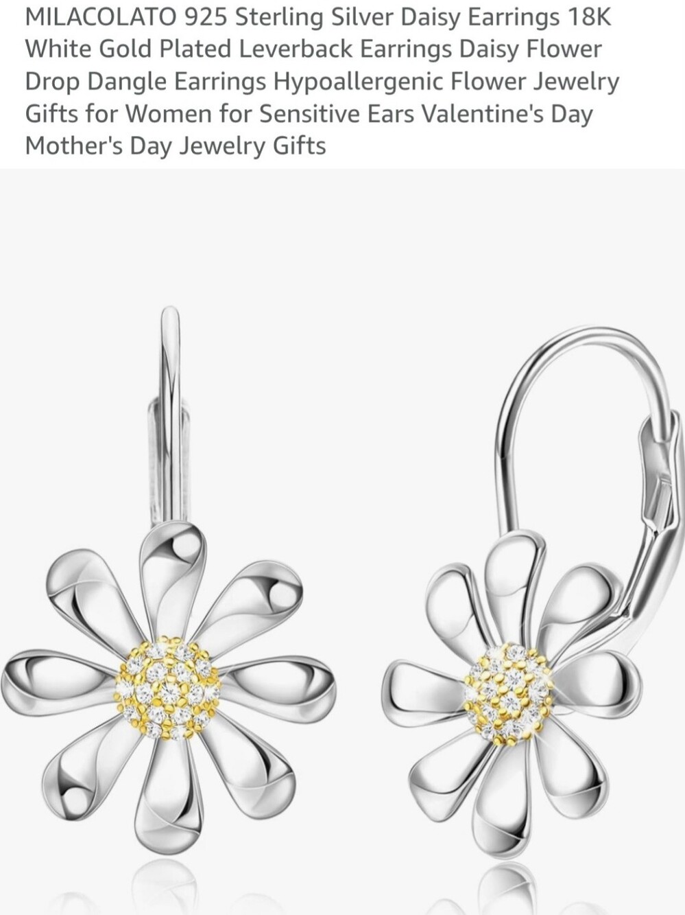 MILACOLATO 925 Sterling Silver Daisy And Crystal Drop Earrings, New In Box